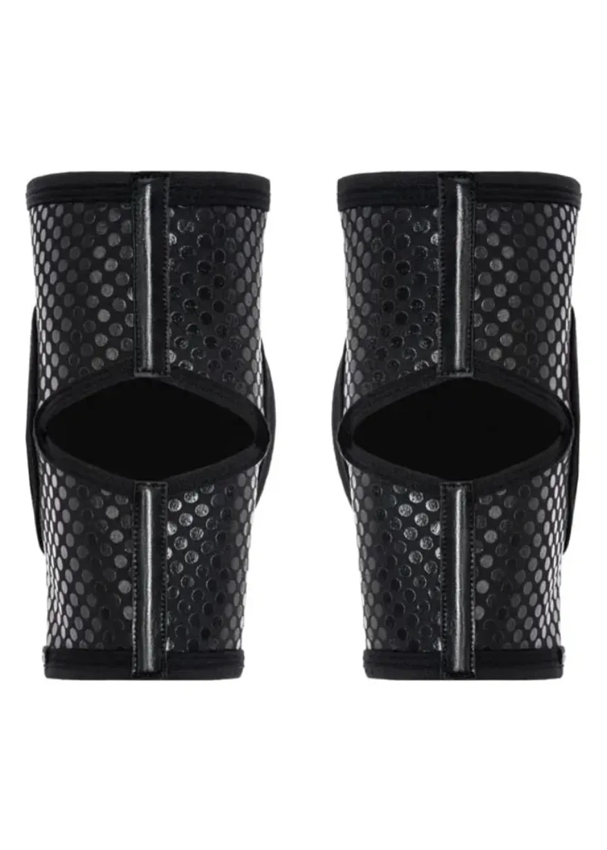 IMG_4971 Pair of black, perforated knee pads with elastic straps, shown from the front against a white background.