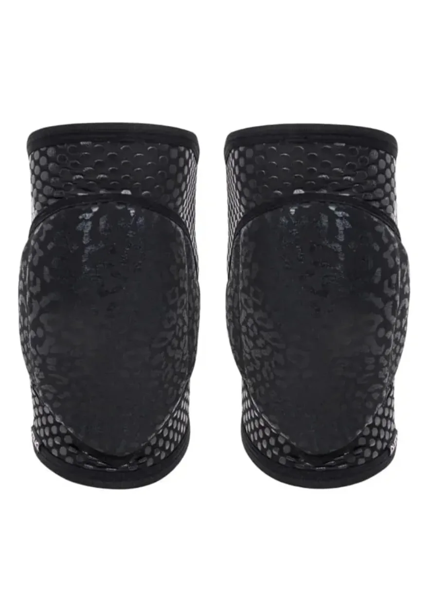 IMG_4974 Pair of black protective knee pads with a snake-skin textured surface, facing forward.