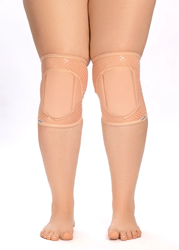 Pair of pink knee pads with dotted mesh fabric and soft beige knee cups, viewed from behind.