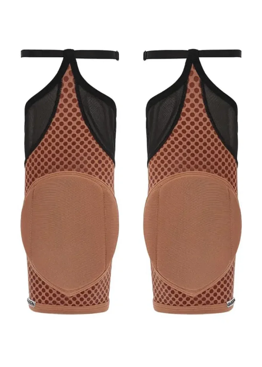 IMG_4269 Pair of tan-brown knee pads for gymnastics or dance, with black mesh tops and adjustable straps on each knee guards.
