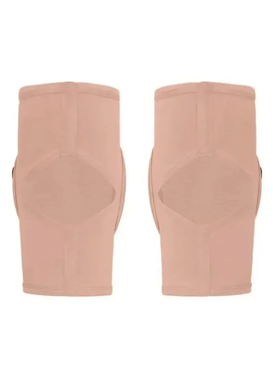 IMG_4981 Pair of light pink knee braces/sleeves with a reinforced, circular knee pad area on the front.