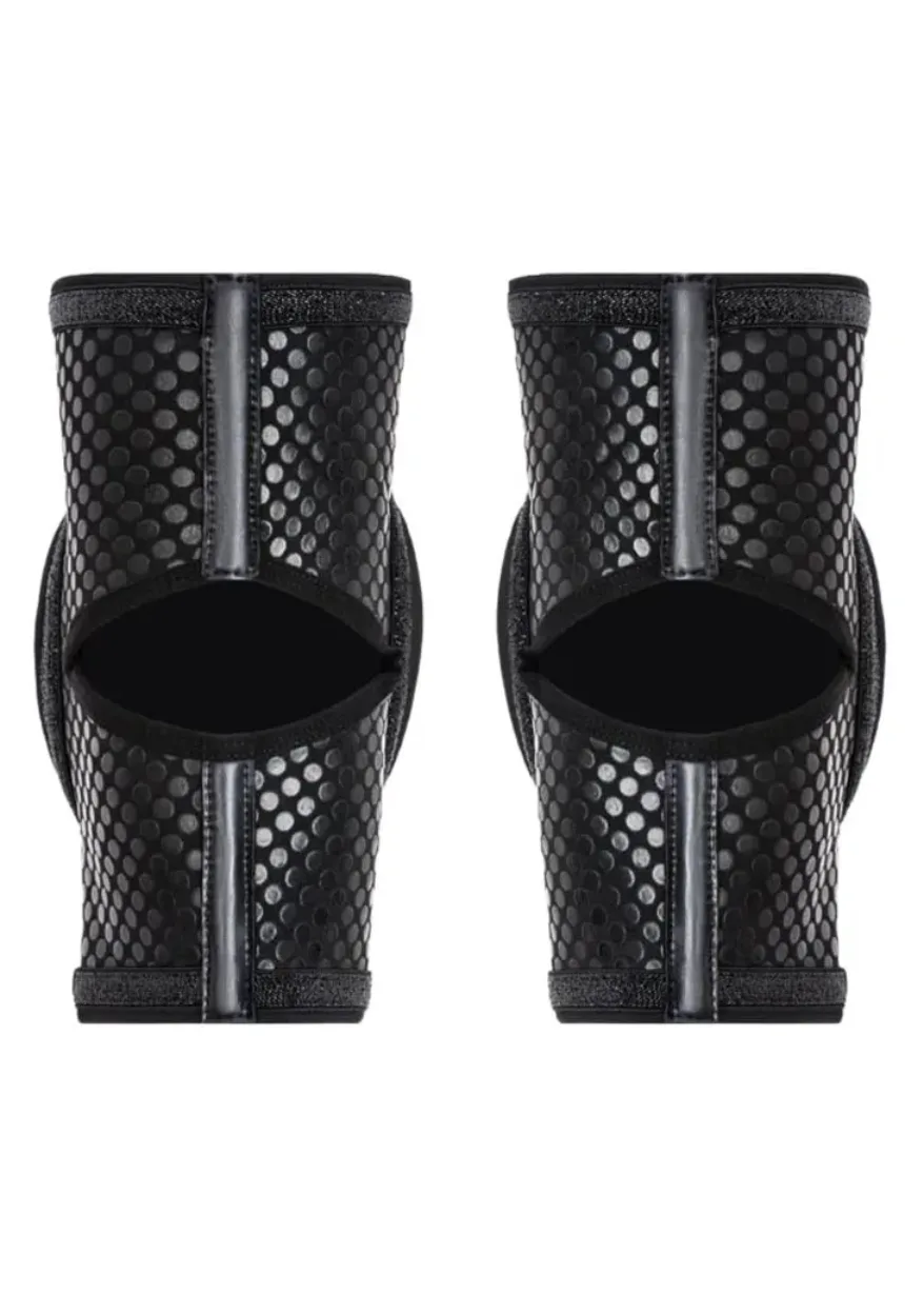 IMG_4972 Pair of black perforated knee pads with open center, designed for protection and flexibility