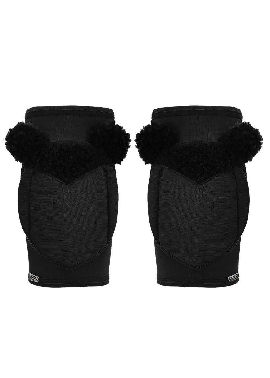 IMG_4550 Pair of black winter mittens with fluffy faux fur cuffs, shown from the front.