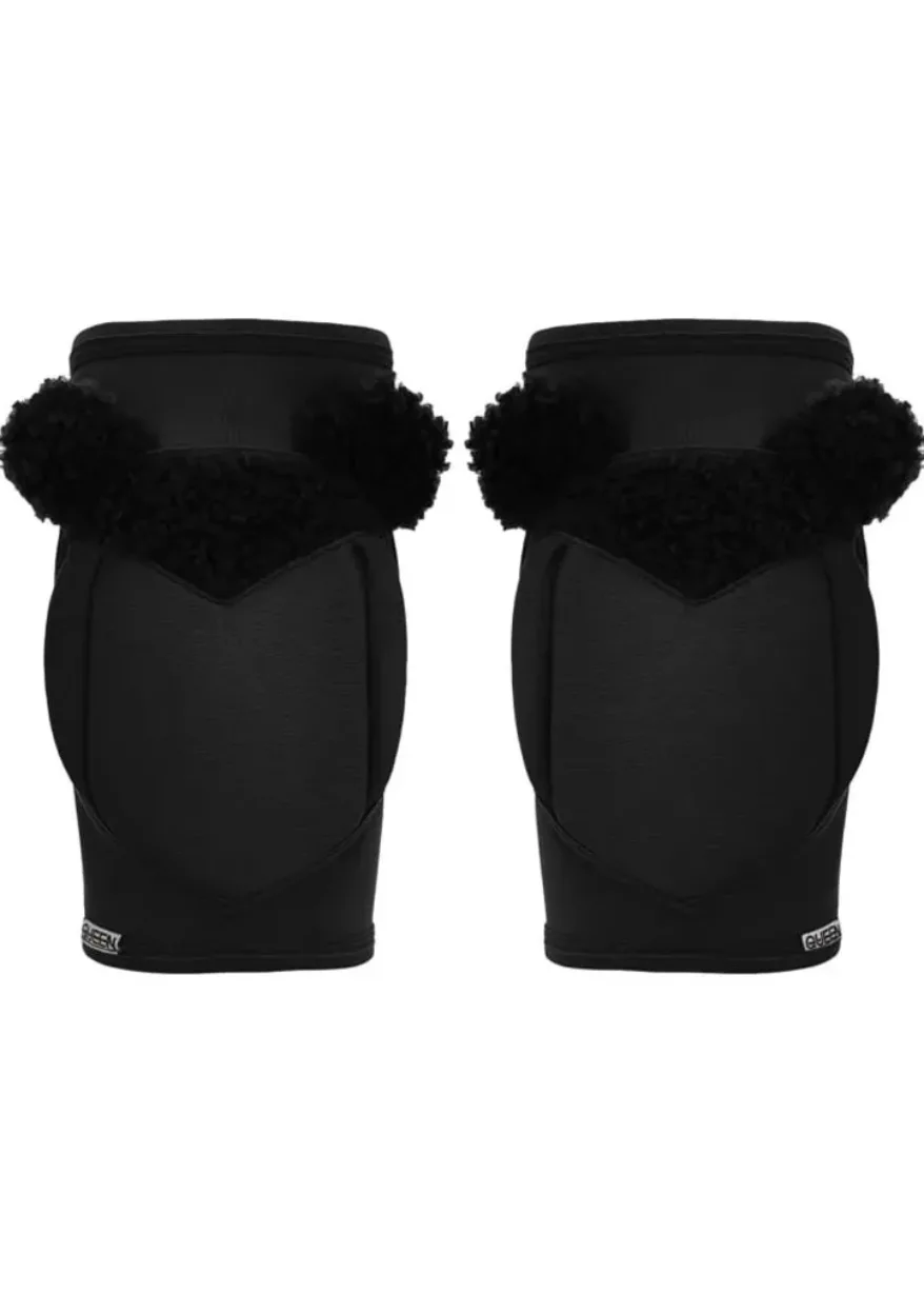 IMG_4984 Pair of black knee pads with fluffy faux fur trim, shown from the back.