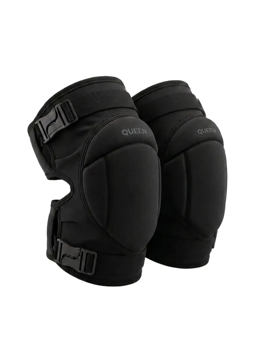 hf_20260818_082438_b85f7b70-5f10-4ff8-bf3b-76a1168e4a8c Pair of black protective knee pads with adjustable straps and buckles, labeled QUEEN