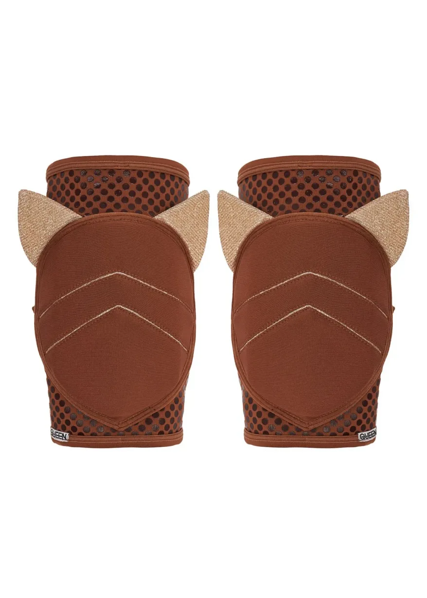 IMG_4298 Pair of brown knee pads with glittery beige ear-shaped accents on the sides and chevron stitching, shown side by side for kids or cosplay use.