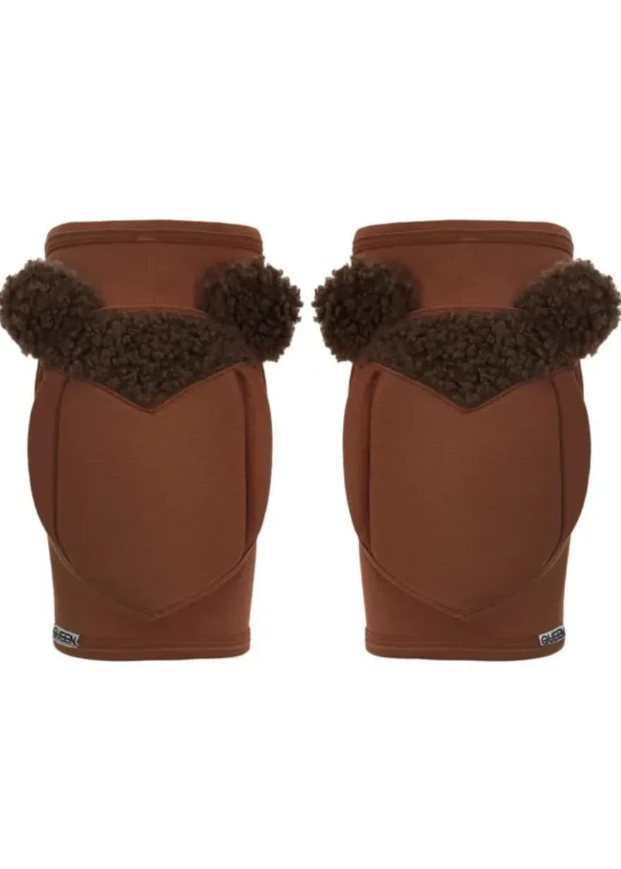 IMG_4989 Pair of brown winter mittens with dark fluffy cuffs, shown from the back.