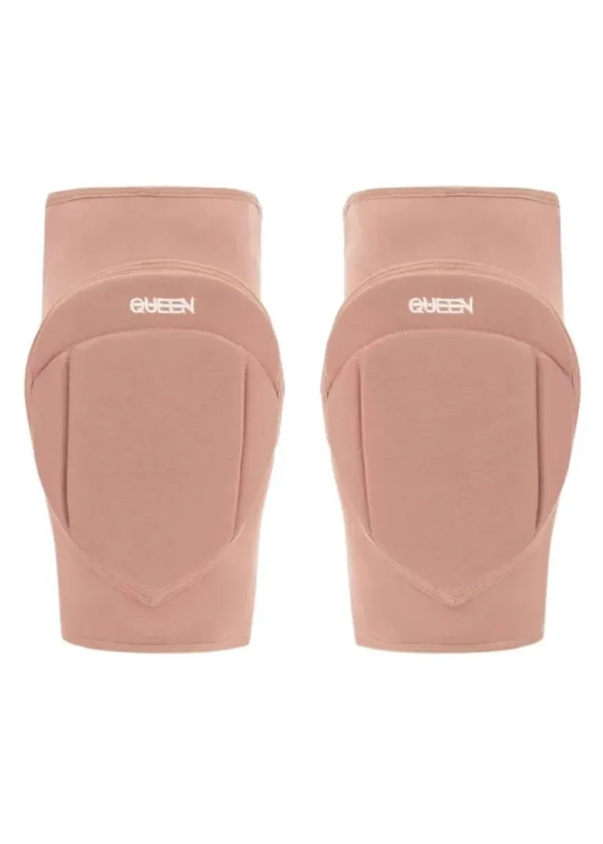 IMG_4990 Pair of pink knee pads with reinforced caps and the word 'QUEEN' on each strap, designed for knee protection during activities.