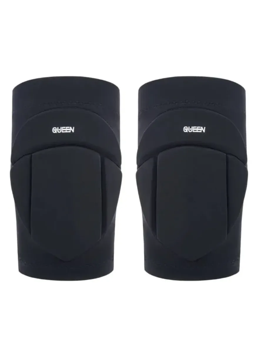 IMG_4952 Pair of dark knee pads with protective caps, facing forward, branded QUEEN