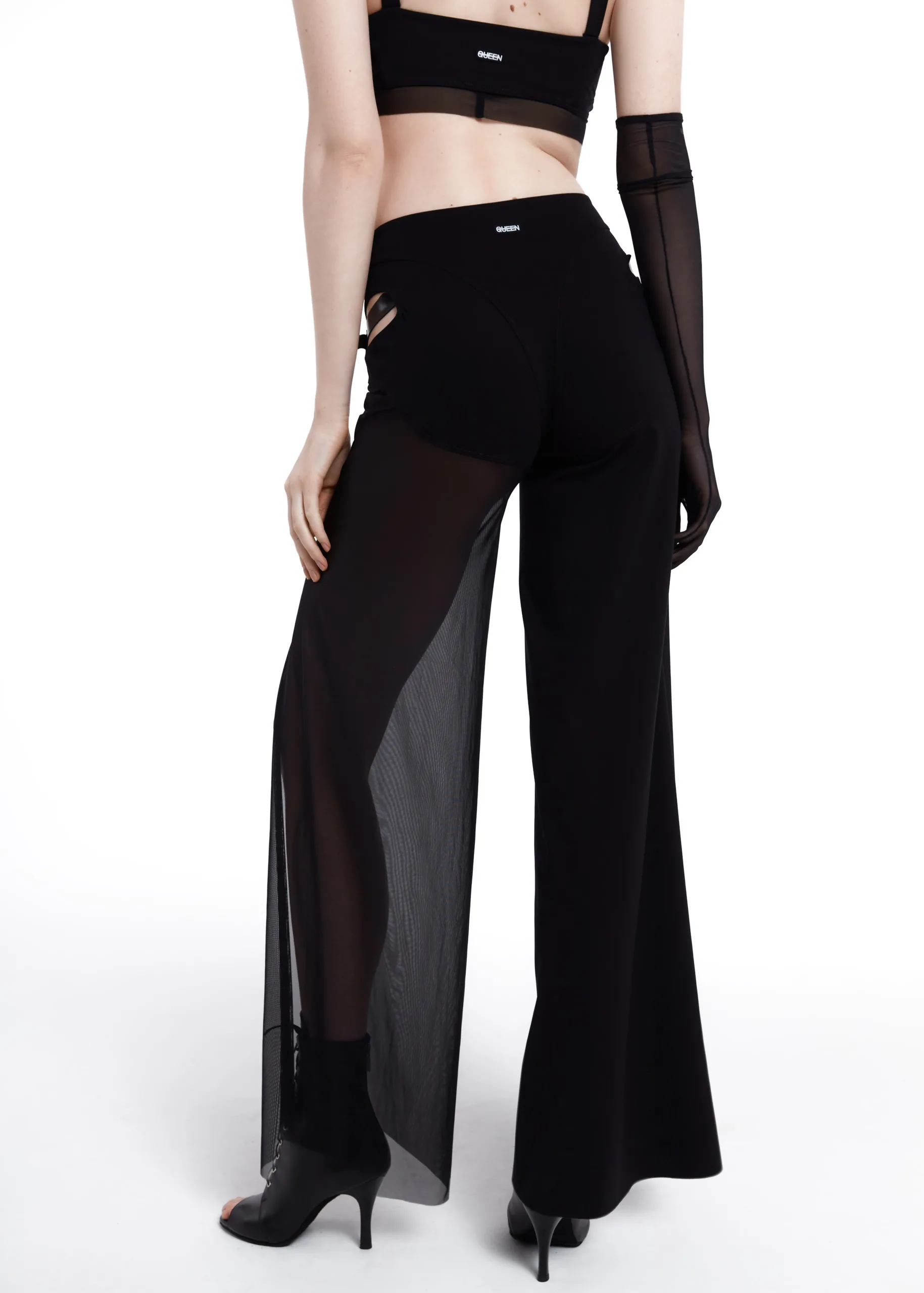 Queen Wear | 10_230787 Pants Horizon for Pole Dance – Flared with Mesh in Star Black | Queen Wear | 10_230787