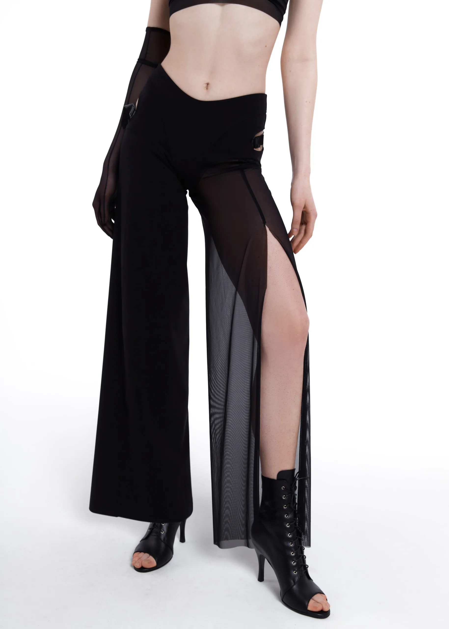 Queen Wear | 2_230812 Pants Horizon for Pole Dance – Flared with Mesh in Star Black | Queen Wear | 2_230812