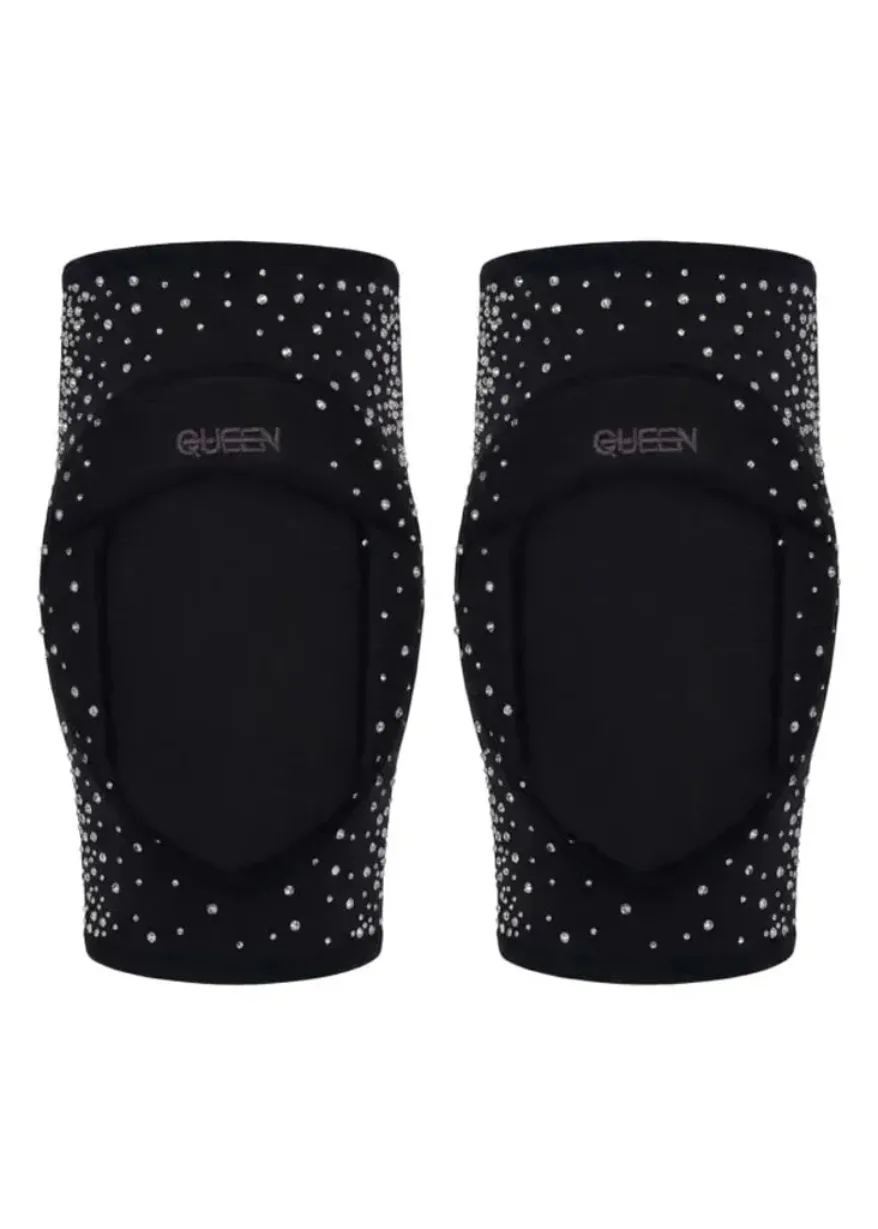 IMG_4965 Pair of black knee pads adorned with silver rhinestones for a sparkling look and protection during activities.