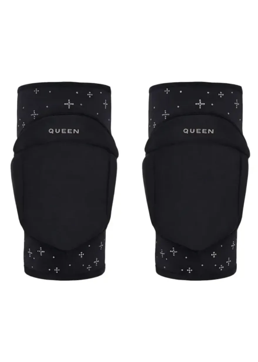 Pair of black knee pads with a dotted pattern and the word QUEEN on each pad, designed for knee protection.