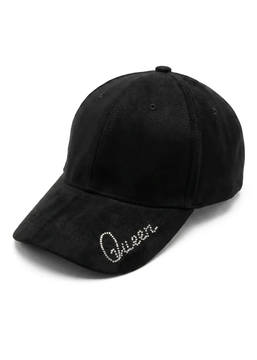 hf_20260529_061935_a8dd1806-1c8d-4bc6-9550-22f32e8acbbc Black baseball cap with a curved brim and a rhinestone script logo on the front edge of the brim.