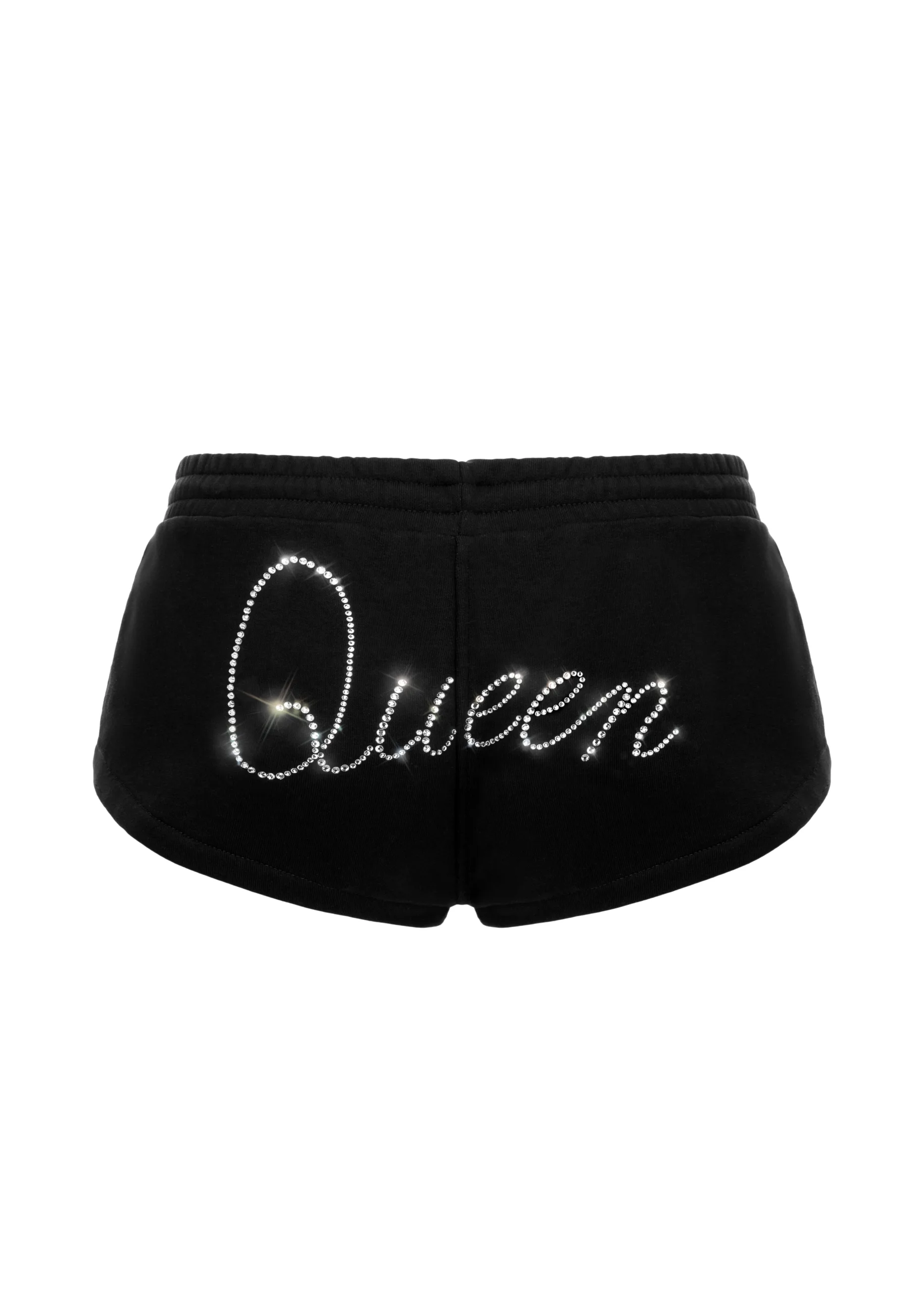 10 Black athletic shorts featuring rhinestone script spelling 'Queen' across the back.