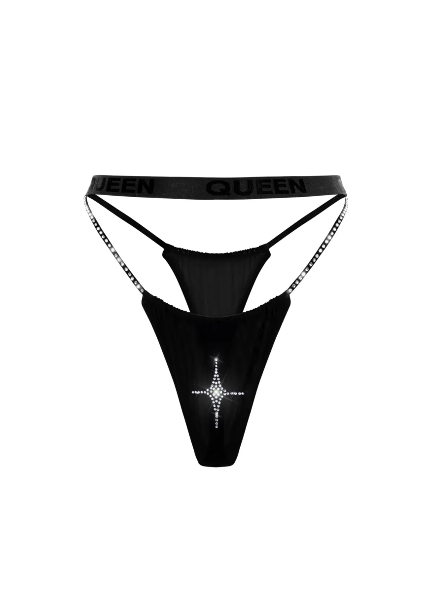 3 Black thong with rhinestone-embellished side straps and a jeweled cross design on the front center panel.