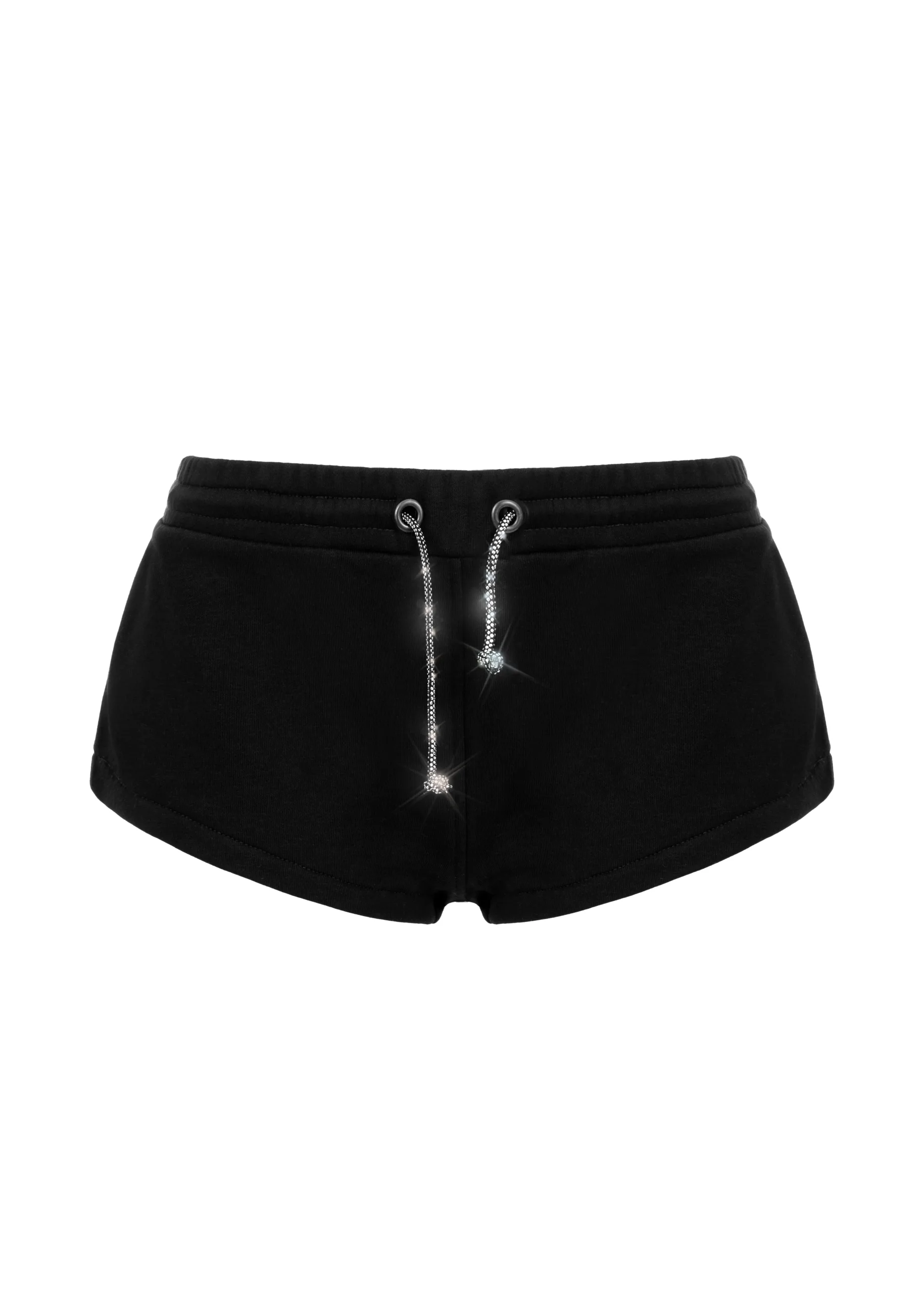 9 Black athletic shorts with a drawstring waist and rolled hems, front view, dark fabric.