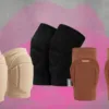 Queen knee protection set featuring beige knee pads, black compression sleeves, and brown knee guards on a gray studio background with pink splash.