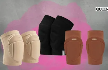 Best Knee Pads for Pole Dancing Types Explained Queen knee protection set featuring beige knee pads, black compression sleeves, and brown knee guards on a gray studio background with pink splash.